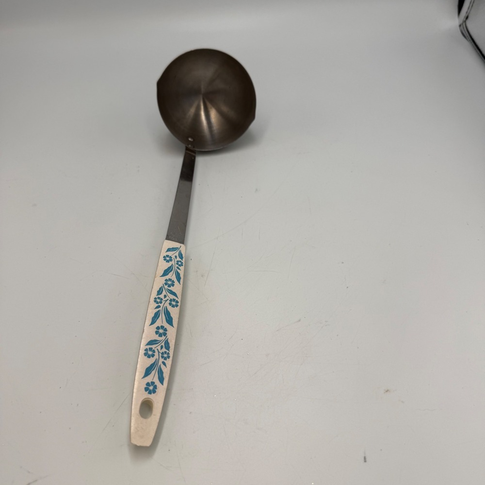 Vintage Household Japan Stainless Gravy Ladle Blue Floral Cream Handle Spout